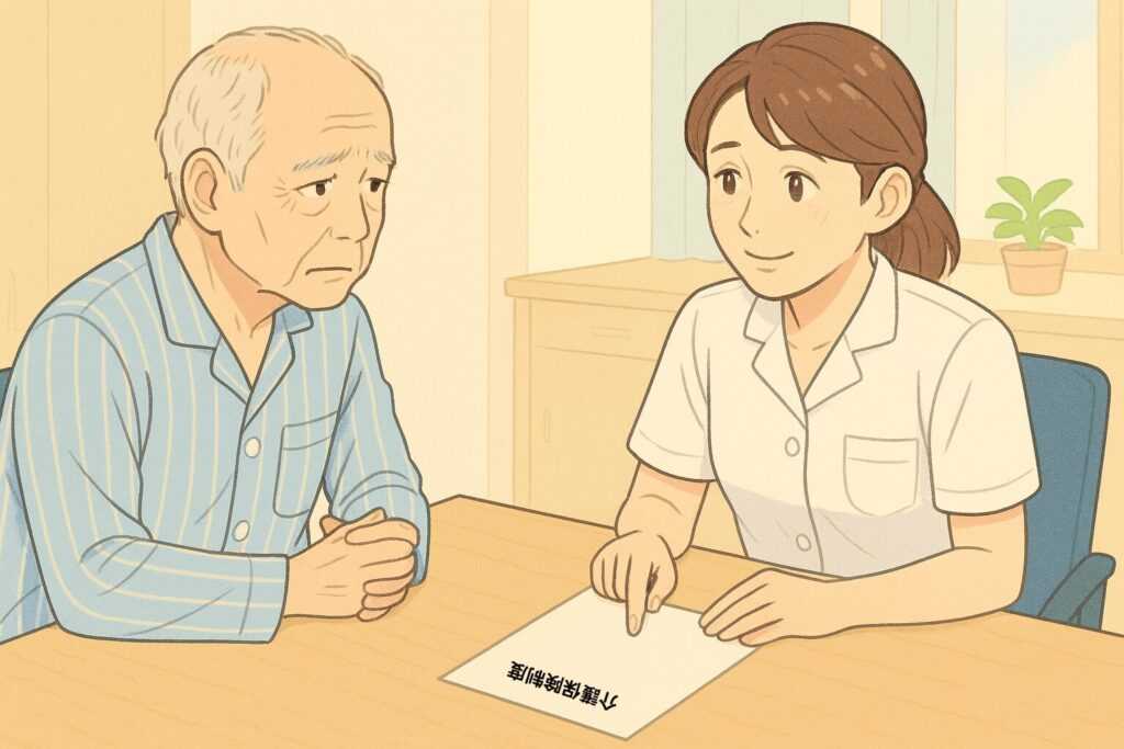 退院前の相談風景。高齢の男性患者と、介護保険について説明する女性看護師。書類には「介護保険」と書かれており、退院後の生活に向けた支援を話し合っている様子。