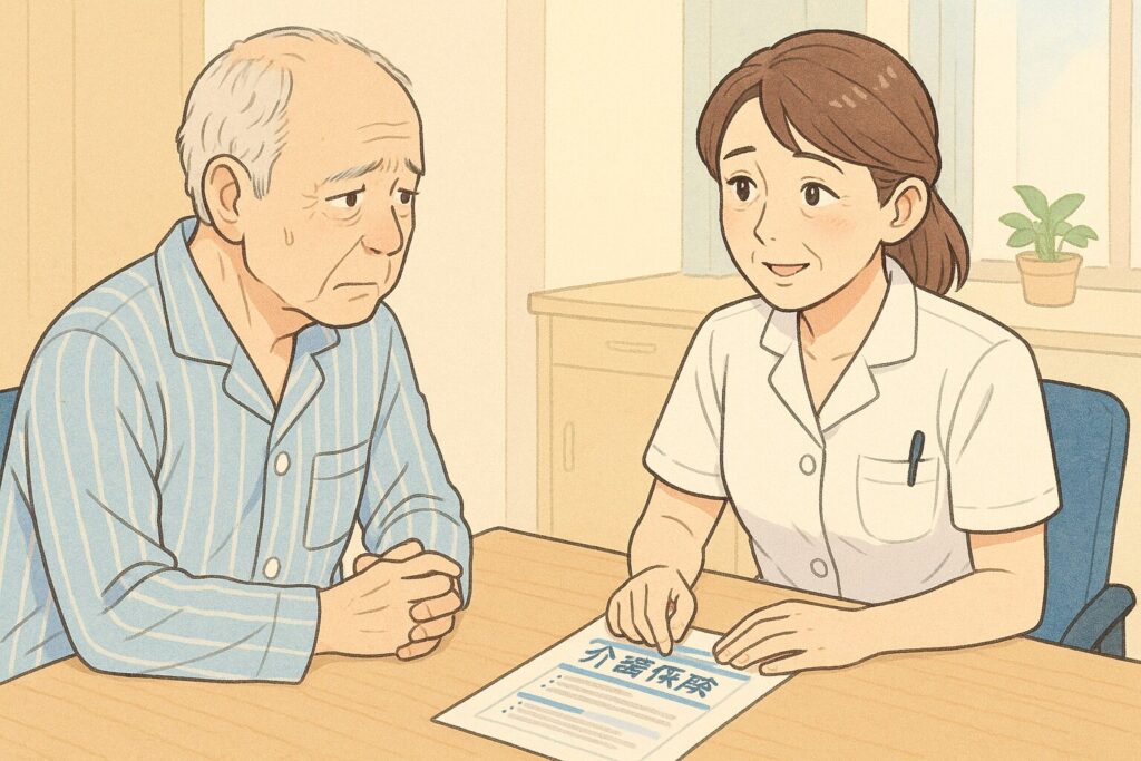 退院前の相談風景。高齢の男性患者と、介護保険について説明する女性看護師。書類には「介護保険」と書かれており、退院後の生活に向けた支援を話し合っている様子。