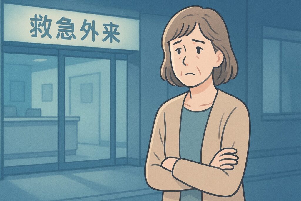 救急外来の前で戸惑う中年女性。親の突然の入院に不安を抱えている様子