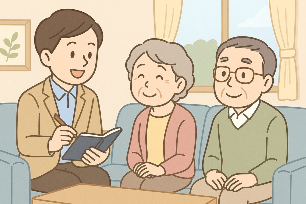 高齢の夫婦がケアマネジャーとリビングで相談している様子。介護サービスについて丁寧に説明を受けている温かな雰囲気のイラスト。