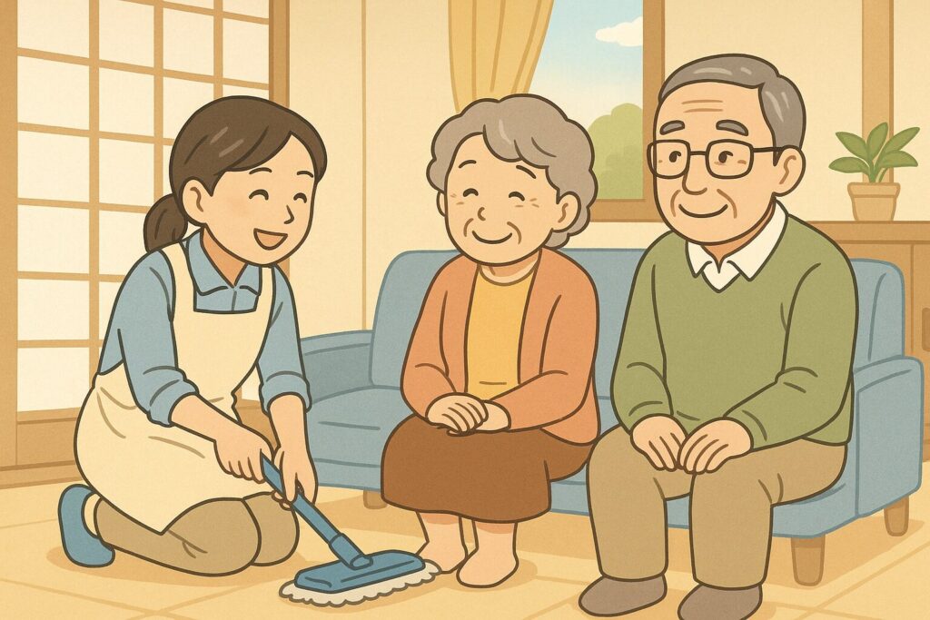 訪問ヘルパーが高齢の夫婦の自宅を訪れ、掃除をしている様子。夫婦はリビングで穏やかに過ごしている。