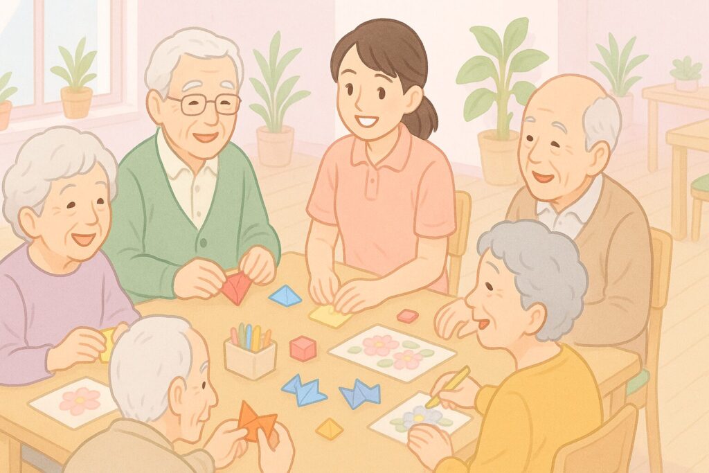 高齢者が地域密着型デイサービスでレクリエーションを楽しんでいる様子。スタッフと笑顔で折り紙や塗り絵をしている、和やかな雰囲気の室内