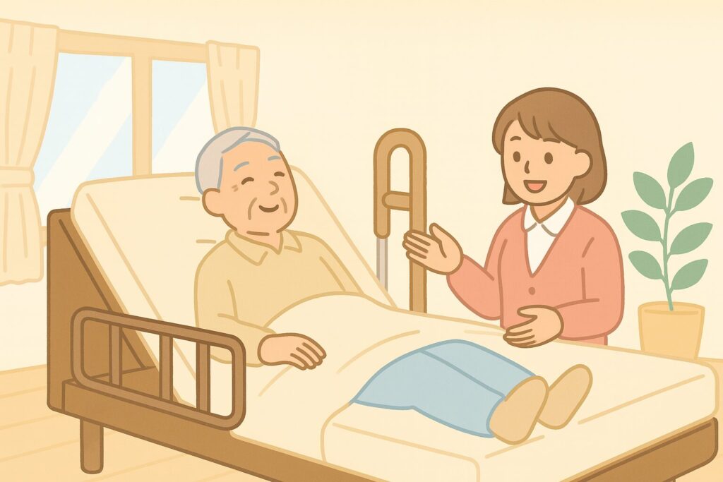 福祉用具（ベッド）を利用して自宅で快適に過ごす高齢者と、それを見守る女性のイラスト。介護保険の福祉用具レンタルをイメージ。