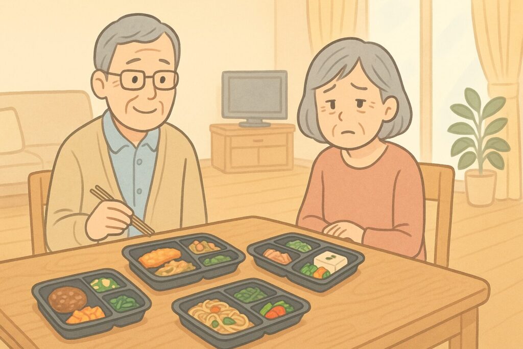高齢の夫婦がテーブルを囲んで食事をしている様子。妻は夫が買ってきたお惣菜が辛くて困っている表情。栄養バランスや食事内容に悩む高齢者家庭の一場面。