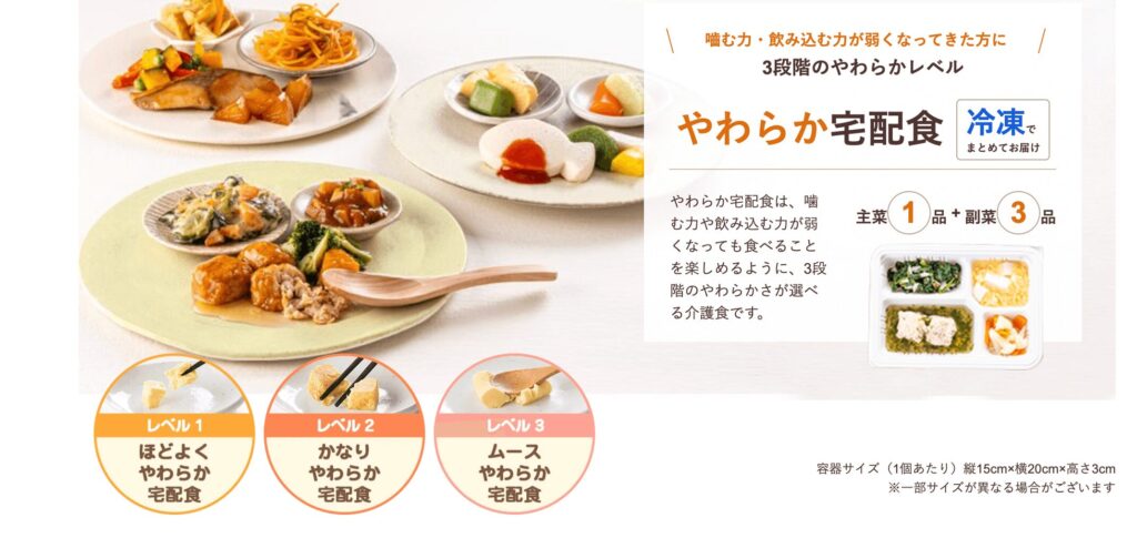 ウェルネスダイニングのやわらか宅配食。噛む力・飲み込む力が弱くなった方向けに3段階のやわらかさレベル（ほどよく・かなり・ムース）から選べる冷凍弁当。