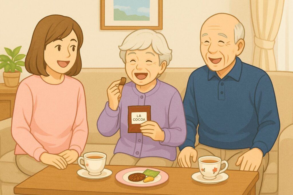 帰省時に両親と一緒にお茶を楽しみながらサロンドロワイヤルのピーカンナッツチョコを味わうシーン