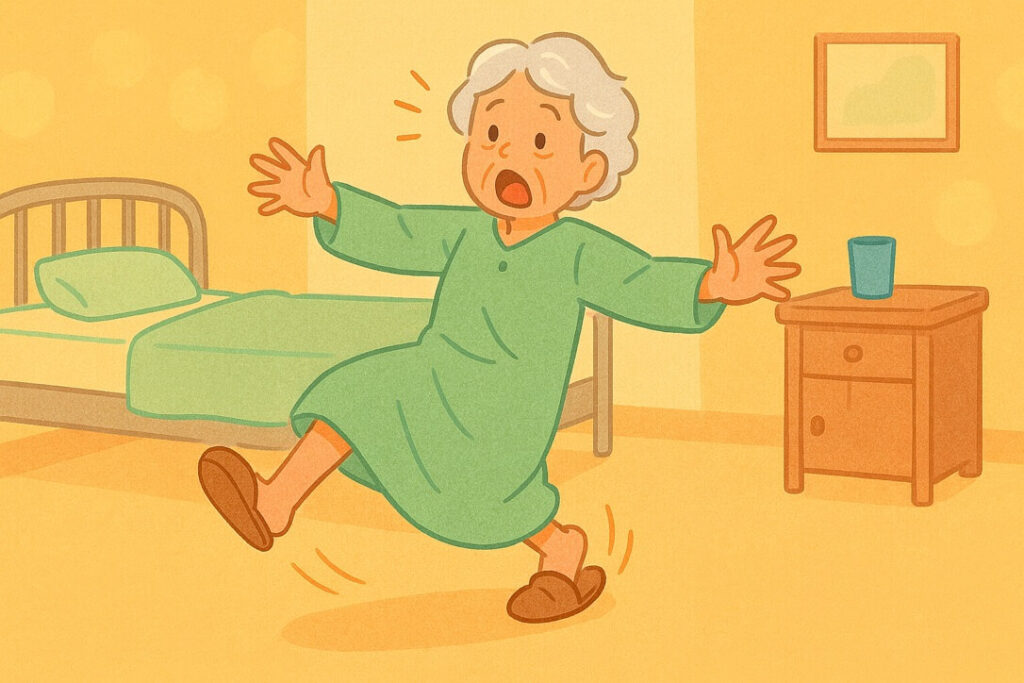 ベッドから立ち上がる際に転倒しそうな高齢者のイラスト