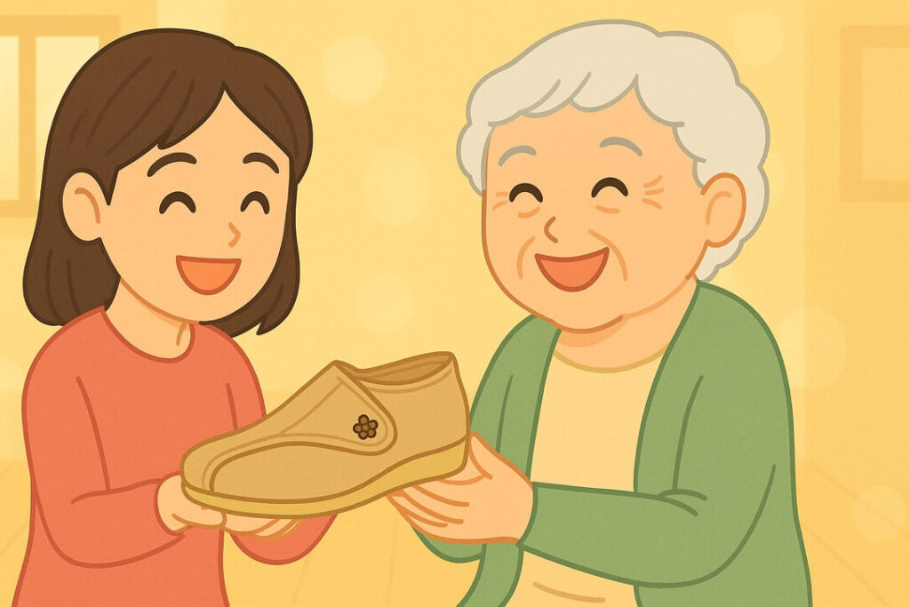 快歩主義の靴を高齢の親にプレゼントして喜ぶ家族のイメージイラスト