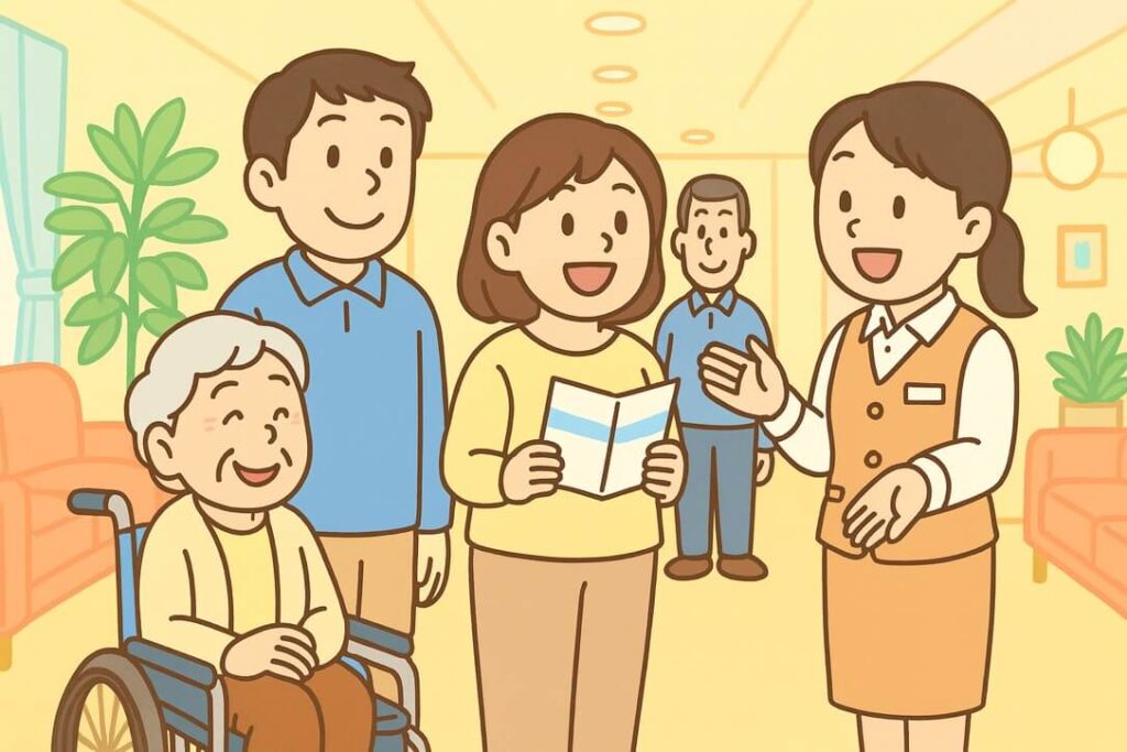 高齢の両親と子ども世代が介護施設を見学している様子。スタッフの説明を聞きながら安心して施設選びをしている場面