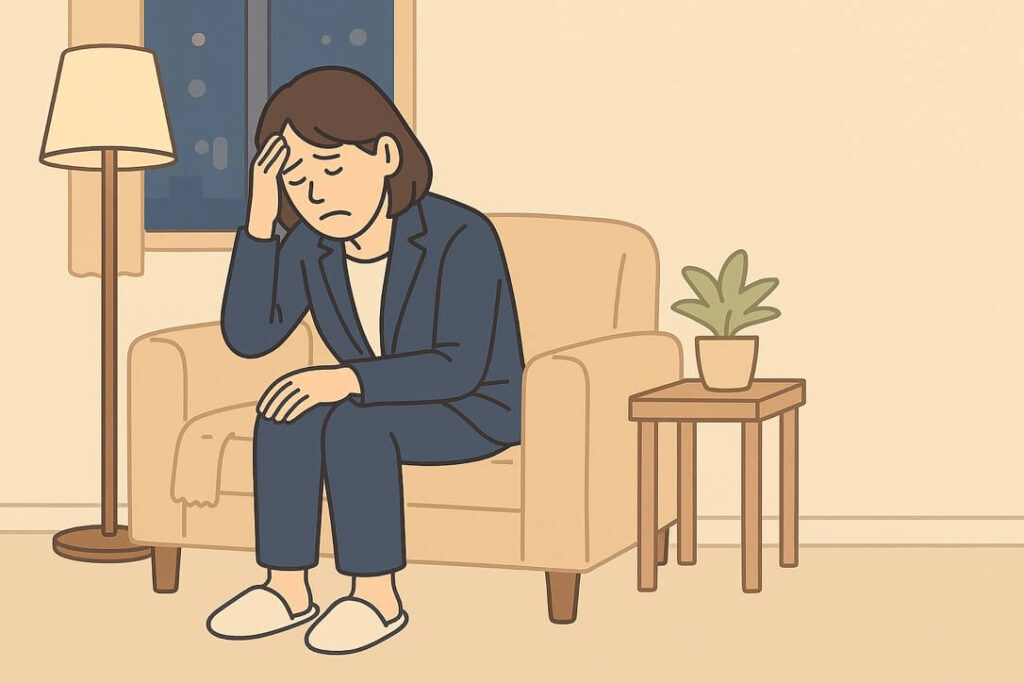 夜のリビングでソファに座り込み、疲れた様子でうつむくスーツ姿の50代女性。手で額を押さえ悩んでいる表情。