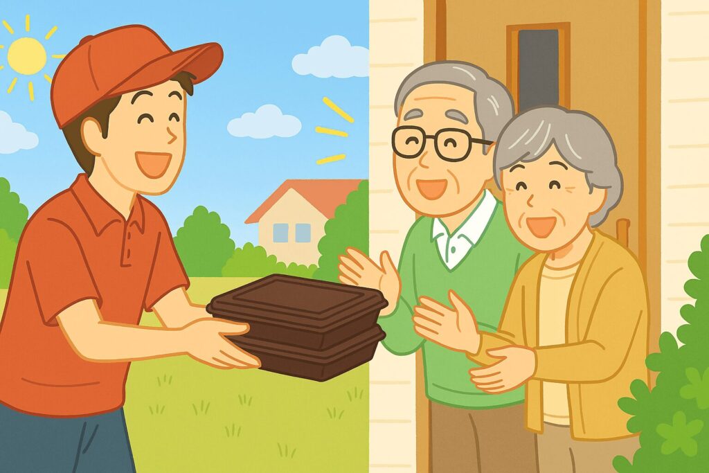 玄関先で高齢の夫婦が笑顔で宅配弁当を受け取っている様子。配達員が明るく元気に手渡している場面で、見守りや食事支援サービスをイメージできる。