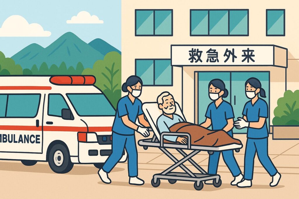 救急外来の入口に停まった救急車と、看護師たちが高齢の男性患者をストレッチャーで運ぶ様子を描いたイラスト