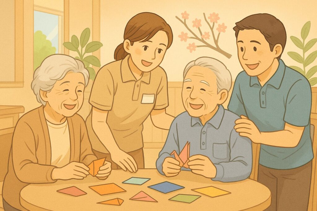 介護施設の明るい共有スペースで、高齢者がスタッフと穏やかに会話をしながら折り紙を楽しんでいる様子。安心感と温かさのある日常風景。