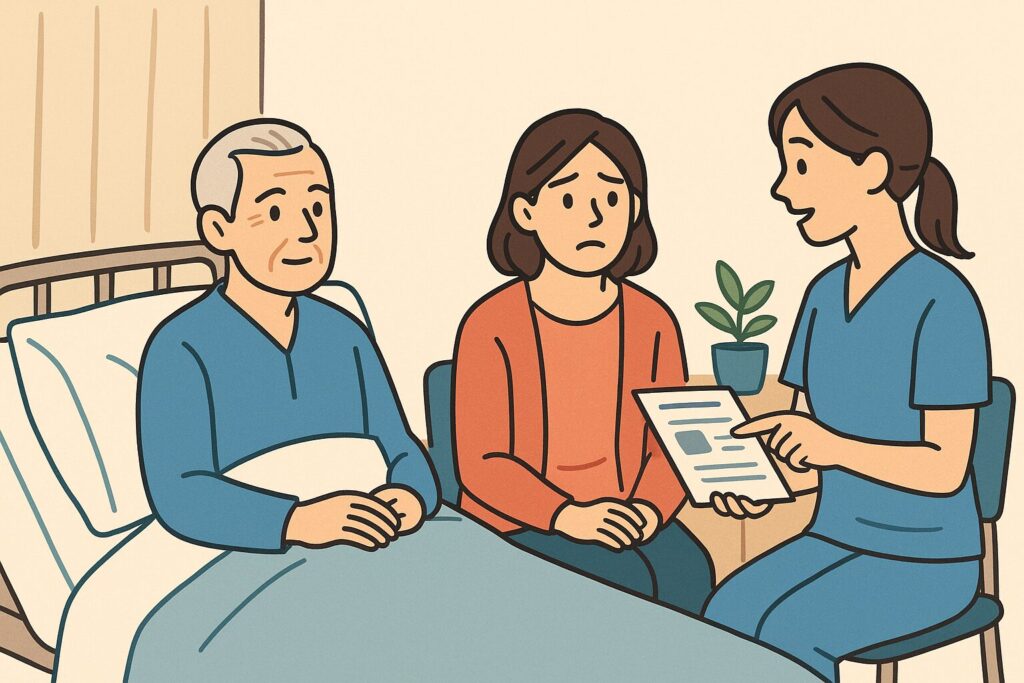 病院のベッドに座る高齢の親と、その横で説明をする看護師。退院後の生活について家族が相談している様子を表すイラスト