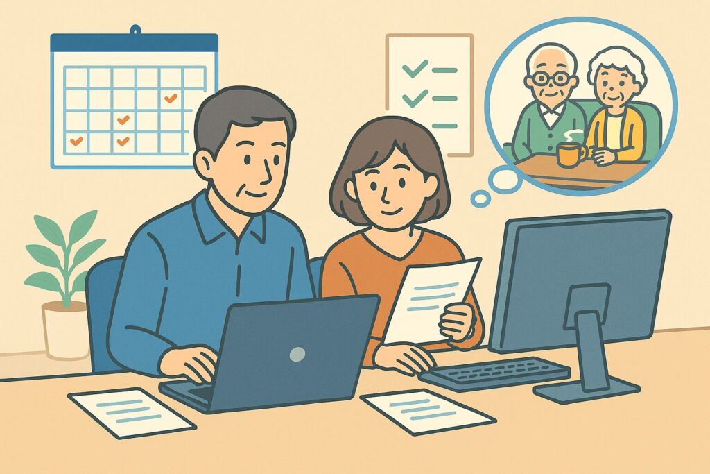 オフィスで介護休業制度を調べ、50代男性上司に相談している50代女性。カレンダーとチェックリスト、吹き出しに在宅で過ごす高齢の両親。