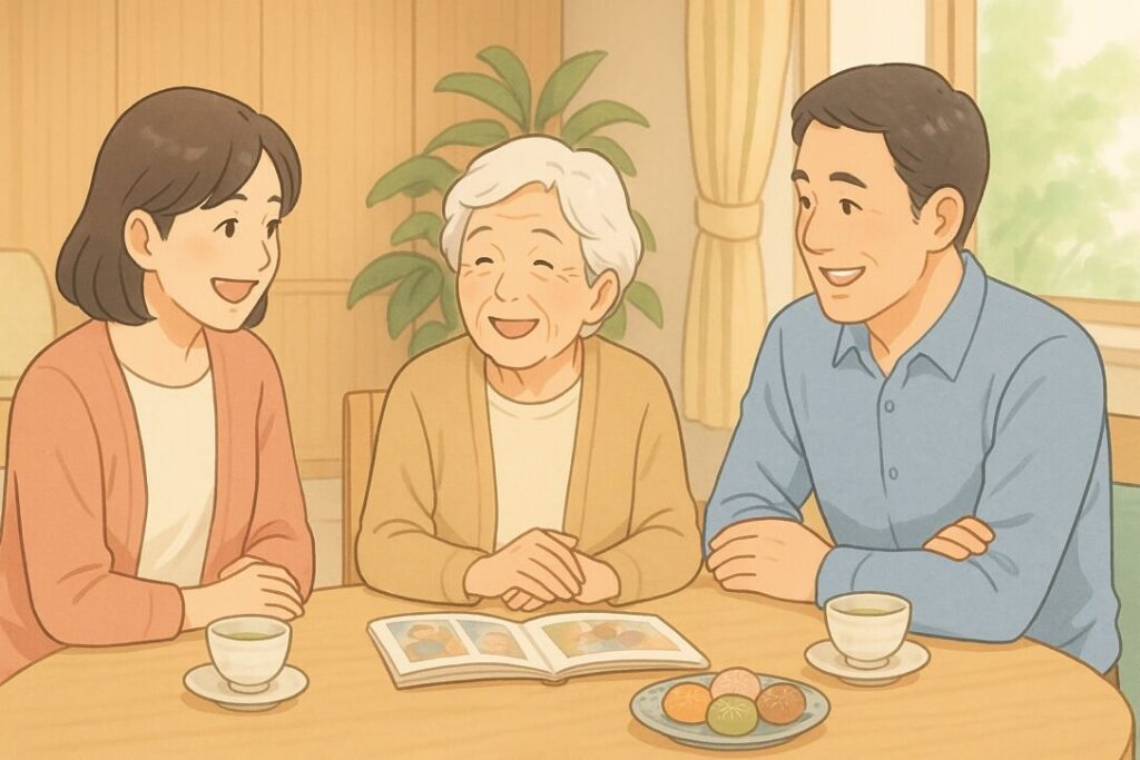 高齢の母親と、面会に訪れた娘と息子が介護施設の共有スペースで笑顔で過ごしている様子。テーブルにはお茶と和菓子、写真アルバムがあり、穏やかで安心感のある雰囲気。