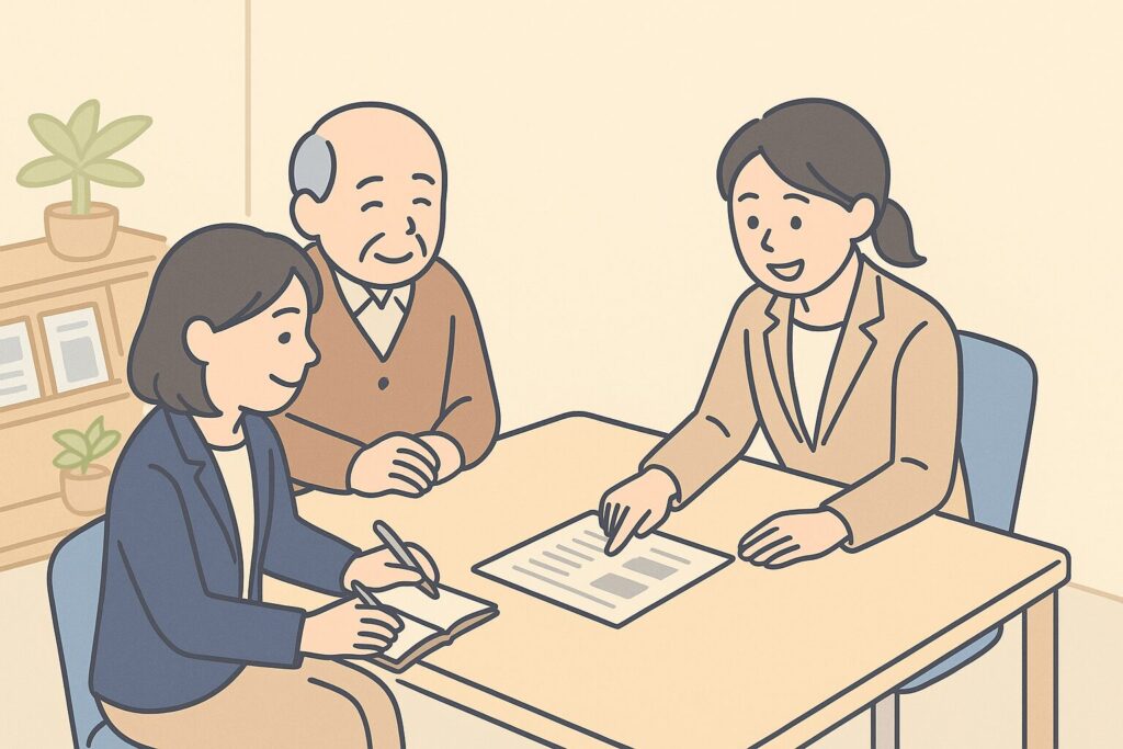 地域包括支援センターで相談員と向き合う親子。資料を見ながら説明を受け、安心してうなずく様子の画像