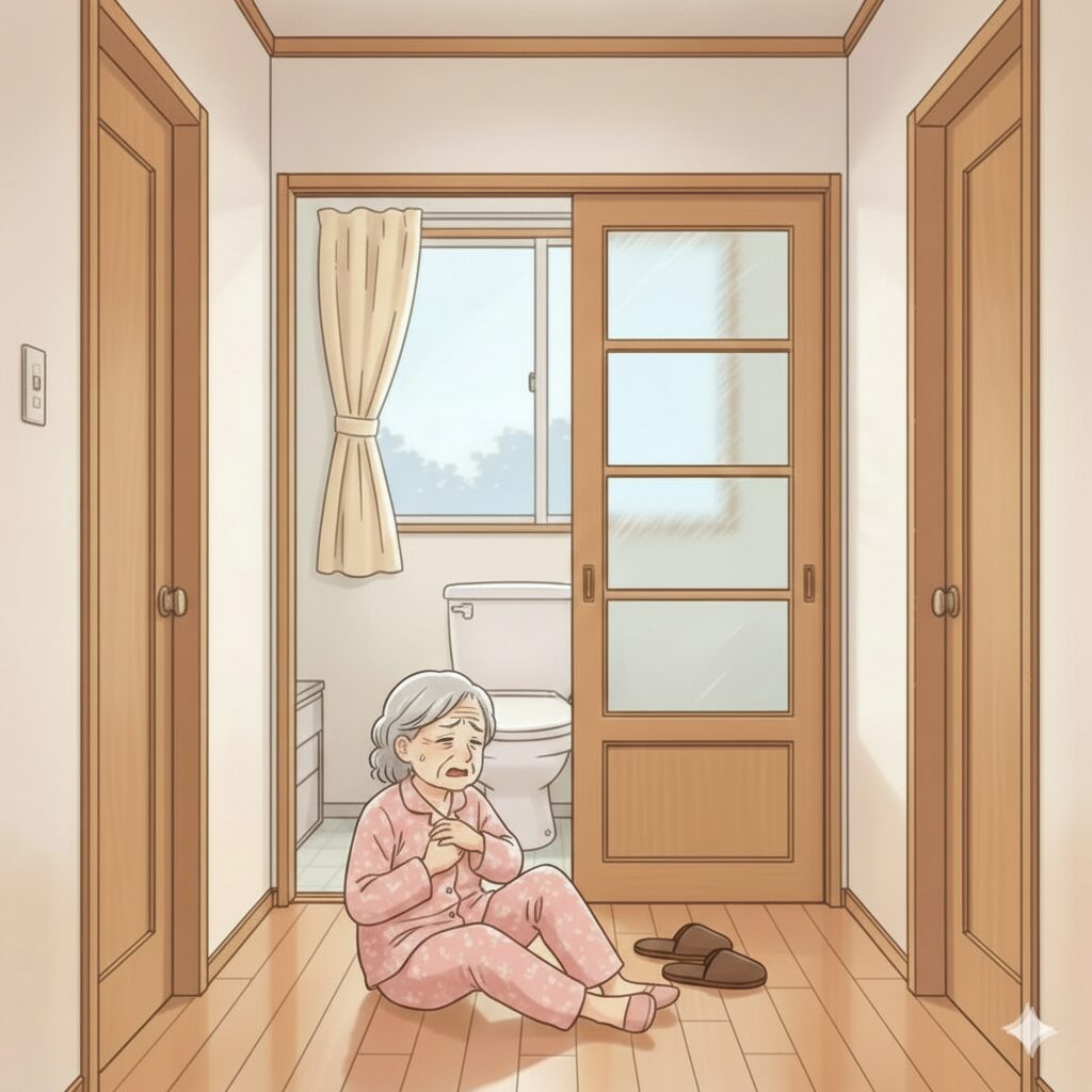 朝方、トイレに向かう途中の高齢女性が自宅の廊下で胸の苦しさを感じ、動けなくなっている様子を描いたイラスト。一人暮らしの高齢者が体調を崩した場面を表している。
