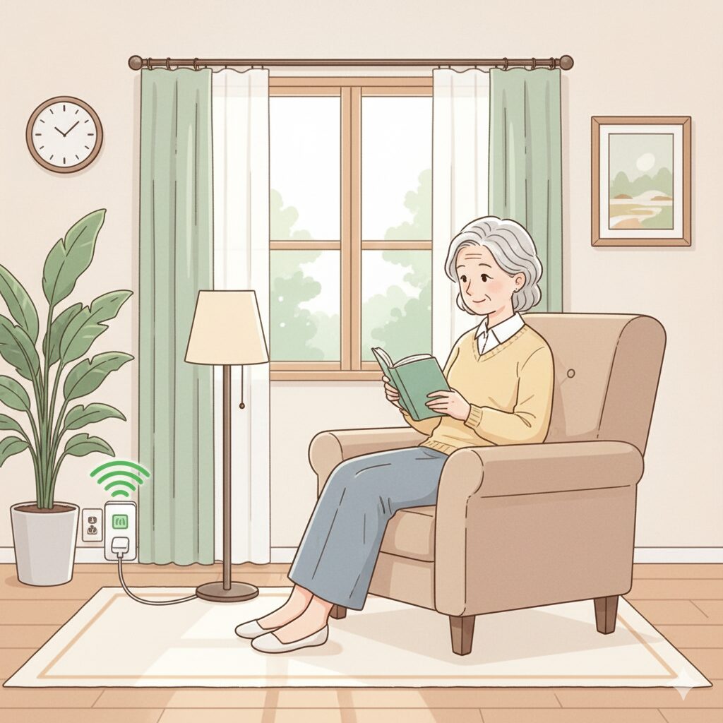 リビングで読書をする高齢女性。足元にはAU見守りプラグが設置され、離れて暮らす家族が安心して見守れる環境を整えている様子。