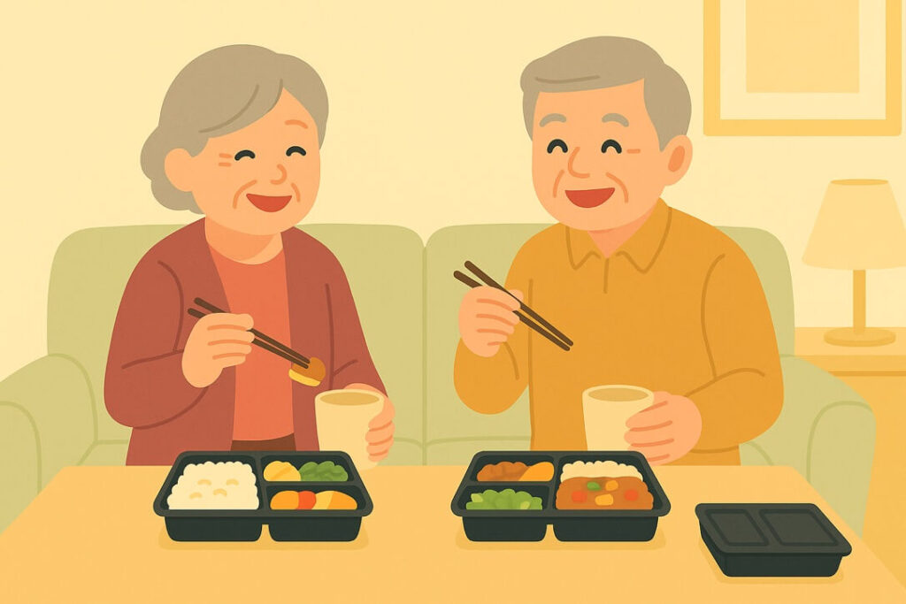 高齢ご夫婦が、家のリビングで楽しくおしゃべりをしながら、配食サービスのお弁当を食べている様子のイラスト