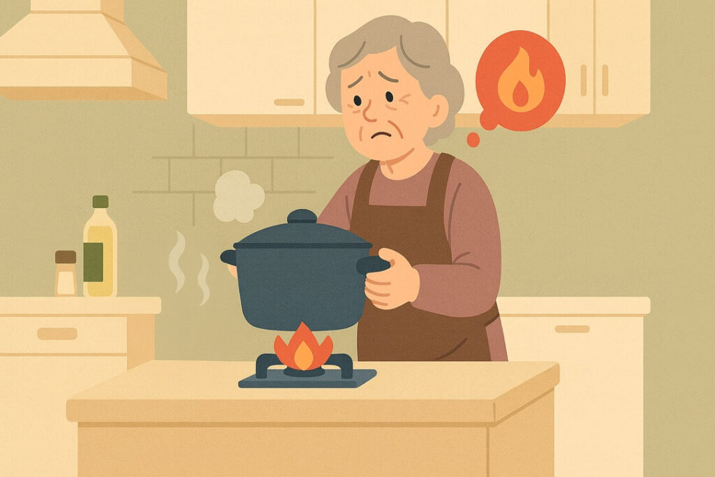 台所で高齢の女性が重い鍋を持ち上げて料理をしている。火の元を気にして不安そうな表情を浮かべている様子を描いたイラスト