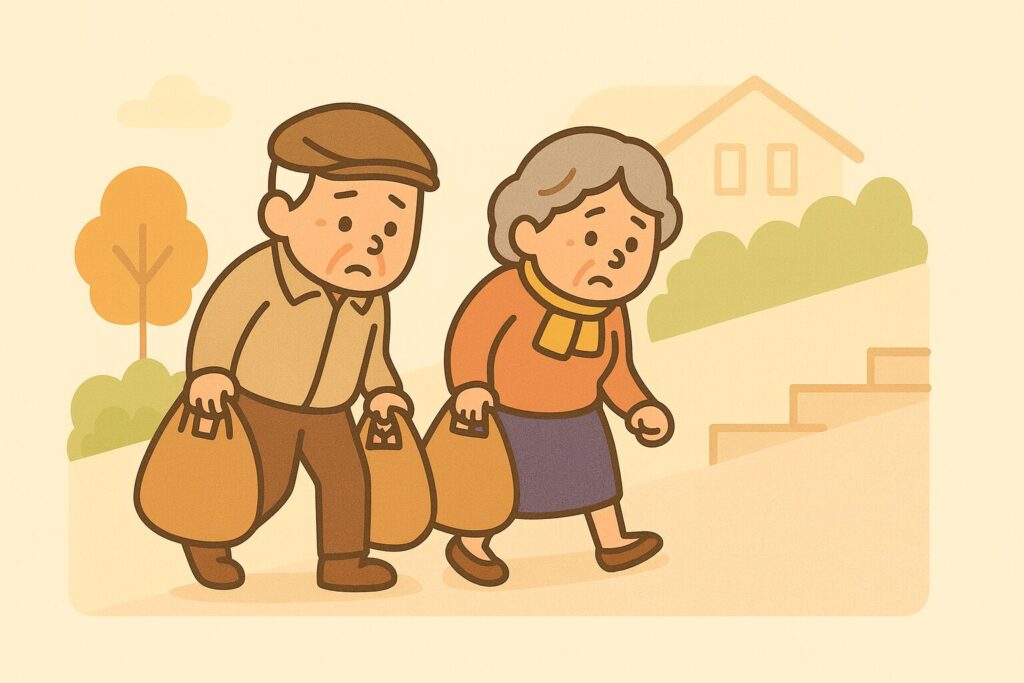 買い物袋を持った高齢の夫婦が坂道を上っている。疲れた表情をしているイラスト。