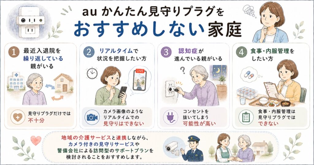 auかんたん見守りプラグをおすすめしない家庭４選のインフォグラフィック。入退院を繰り返している親・リアルタイム確認希望・認知症が進んでいる・食事内服管理が必要な家庭