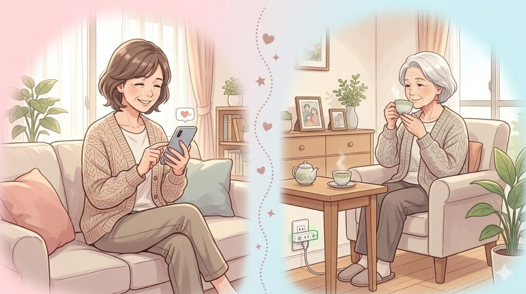 auみまもりプラグを離れて暮らす親御さんの家に導入。高齢の母は穏やかにお茶を飲んでいる。娘は、携帯のアプリで親の安否を確認し安心している様子の画像