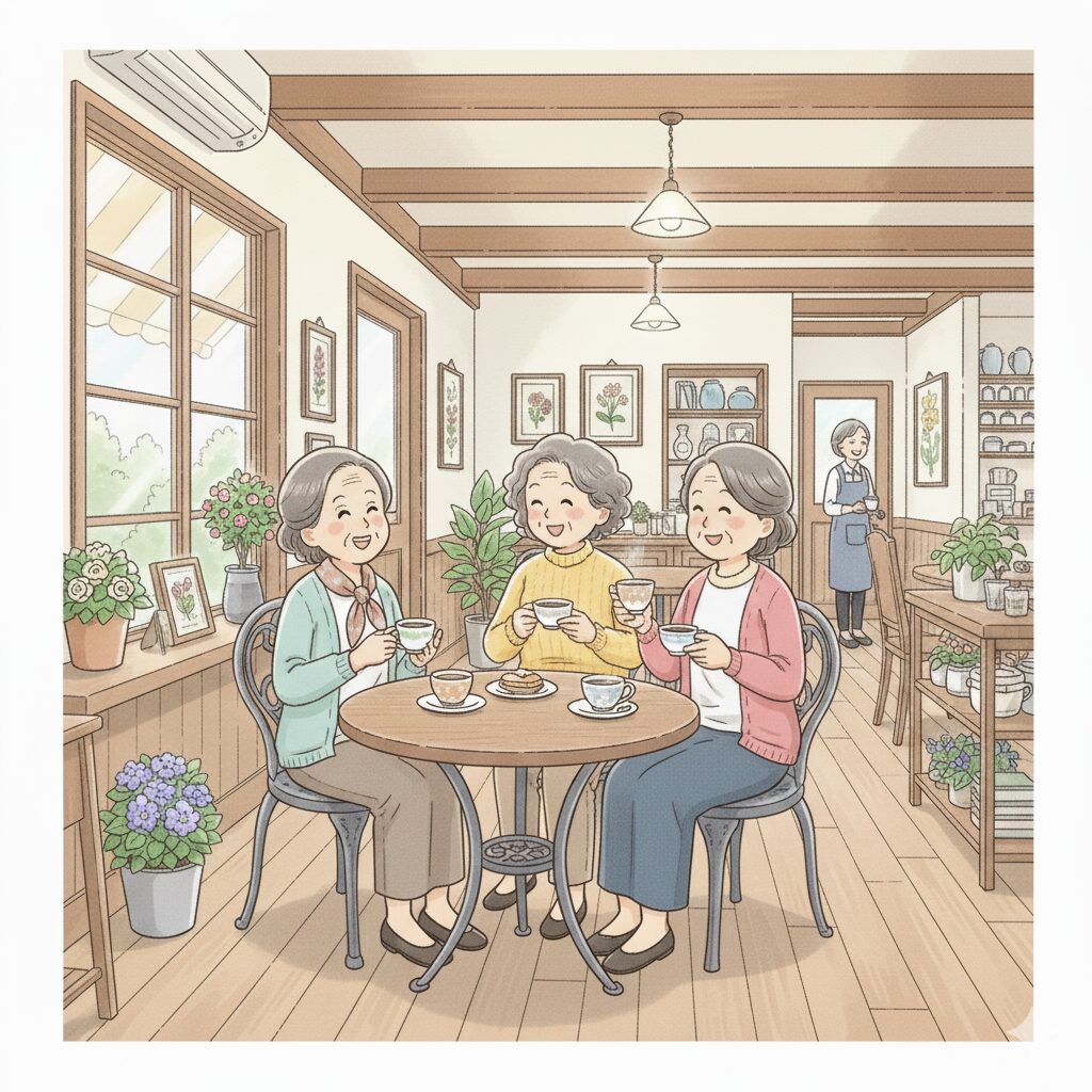 カフェで高齢の女性たちが楽しそうにお茶を飲みながら会話している様子のイラスト。友人との交流を楽しむ姿を描いた場面。