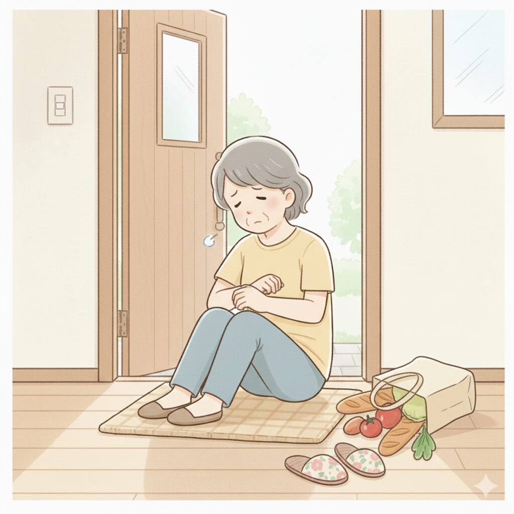 買い物から帰宅した高齢女性が玄関でスリッパに足を取られ転倒し、手首を痛めて座り込んでいる様子を描いたイラスト
