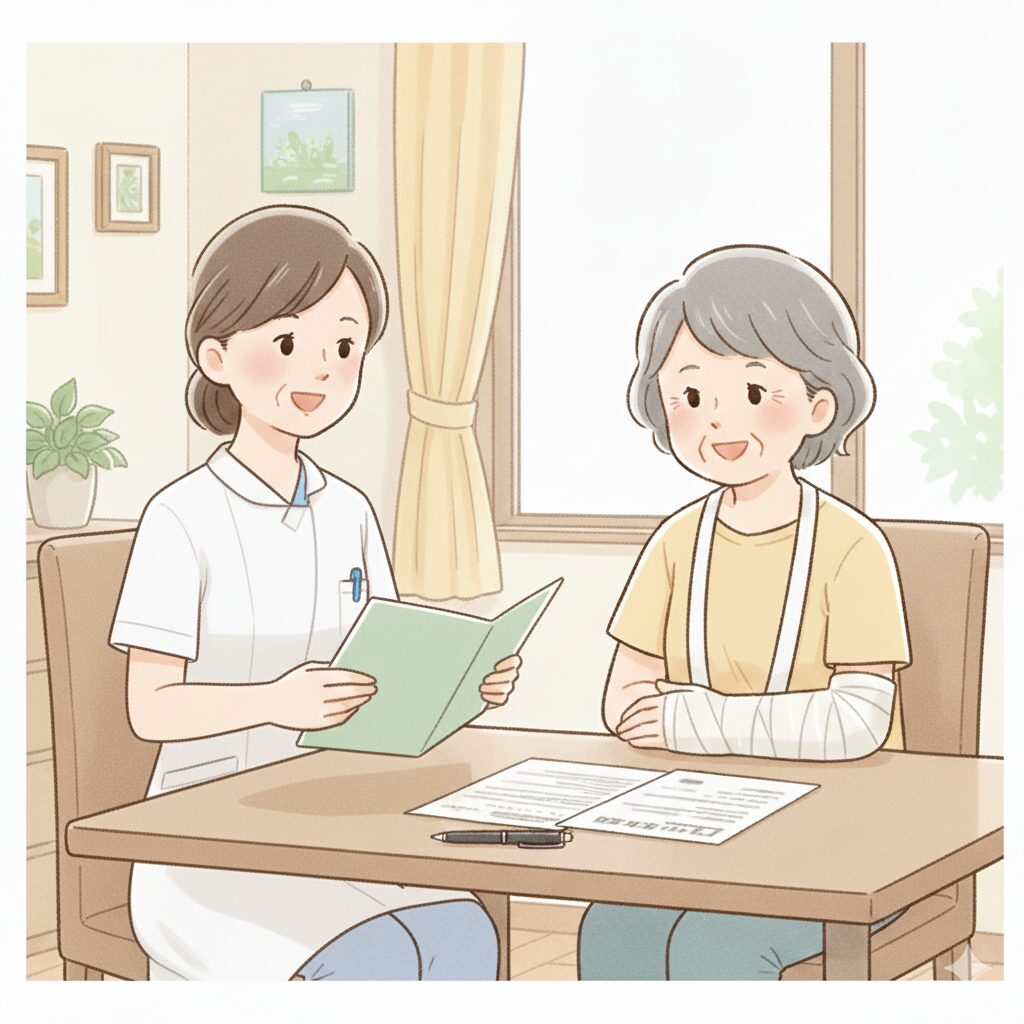 手首を骨折した高齢女性が病院の窓口で看護師と入院手続きの説明を受けている様子を描いたイラスト