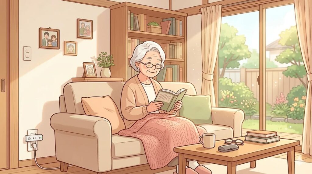 一人暮らしの高齢者の生活を「みまもりプラグ」が優しく見守る。高齢女性が読書を楽しんでいる様子。