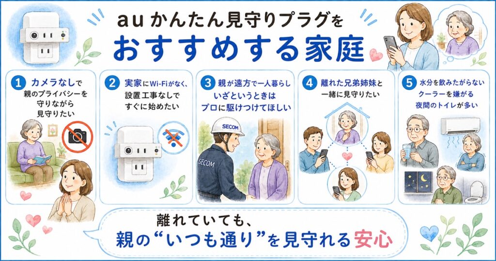 auかんたん見守りプラグをおすすめする家庭を、ラスト付きで紹介したインフォグラフィック。プライバシー重視、Wi-Fi不要、セコム駆けつけ対応、家族での見守り、熱中症・ヒートショック対策などをわかりやすくまとめているデザイン。
