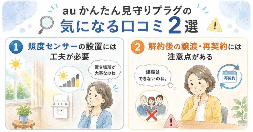 auかんたん見守りプラグの気になる口コミ2選をまとめたインフォグラフィック。
「照度センサーは設置場所に工夫が必要」「解約後の譲渡・再契約には注意点がある」という口コミを、やさしいイラスト付きでわかりやすく紹介している。