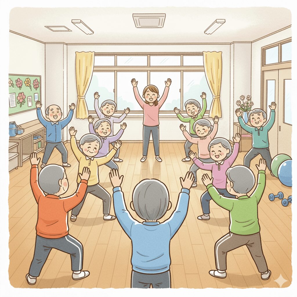 地域のコミュニティ体操教室で、高齢者がインストラクターと一緒に楽しそうに体を動かしている様子のイラスト