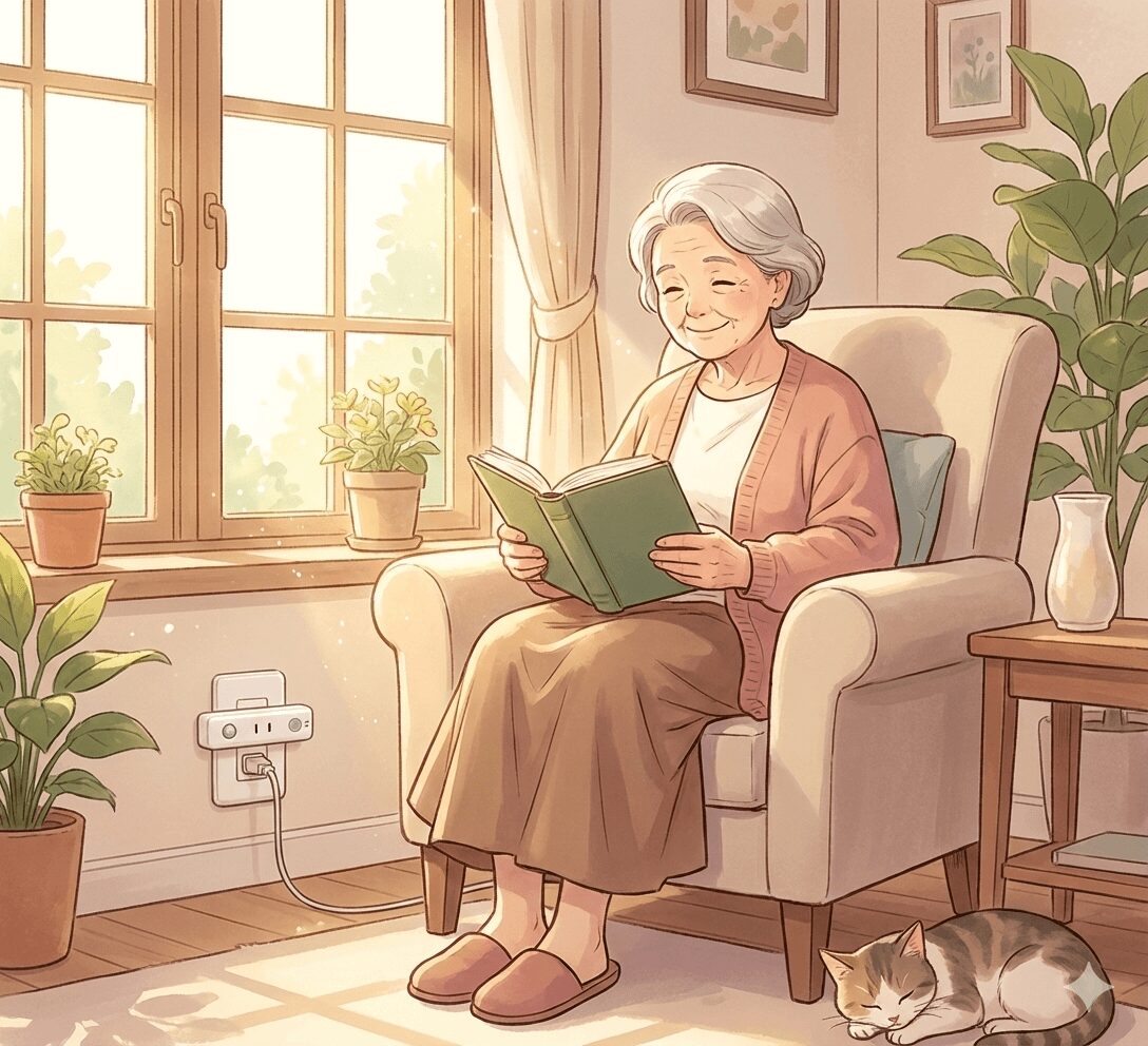 リビングで読書をする高齢女性。足元にはAU見守りプラグが設置され、離れて暮らす家族が安心して見守れる環境を整えている様子。