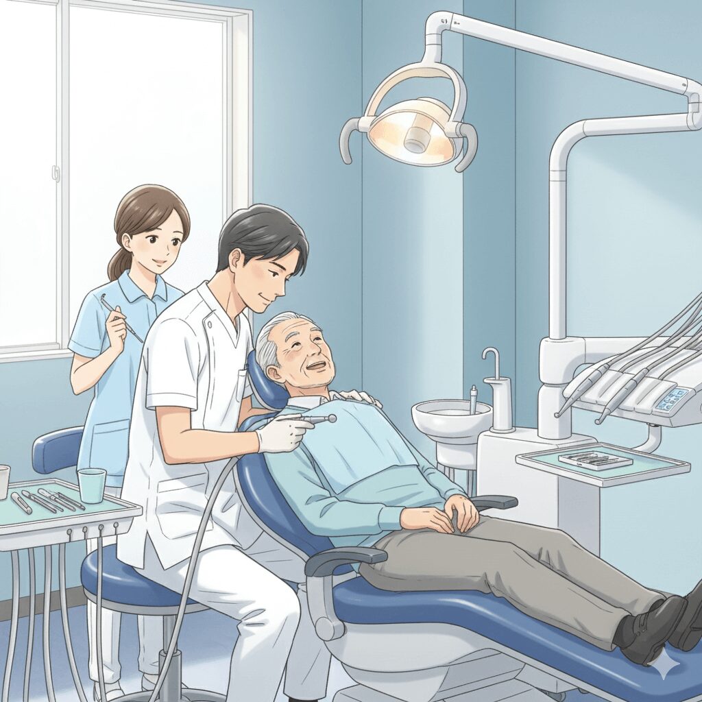 歯科医院で歯科医と歯科衛生士による定期検診を受ける高齢男性のイラスト