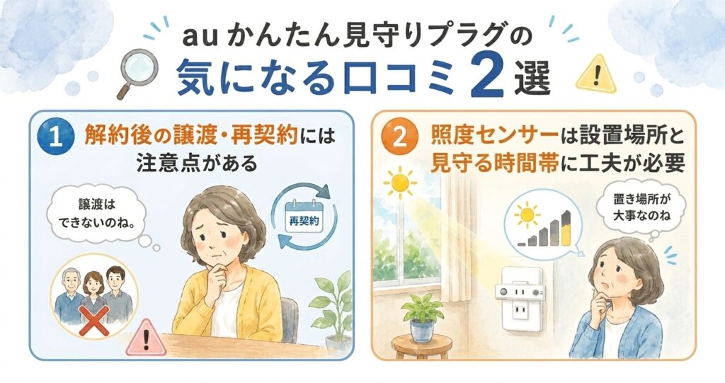auかんたん見守りプラグの気になる口コミ2選をまとめたインフォグラフィック。
「照度センサーは設置場所と見守る時間帯に工夫が必要」「解約後の譲渡・再契約には注意点がある」という口コミを、やさしいイラスト付きでわかりやすく紹介している。
