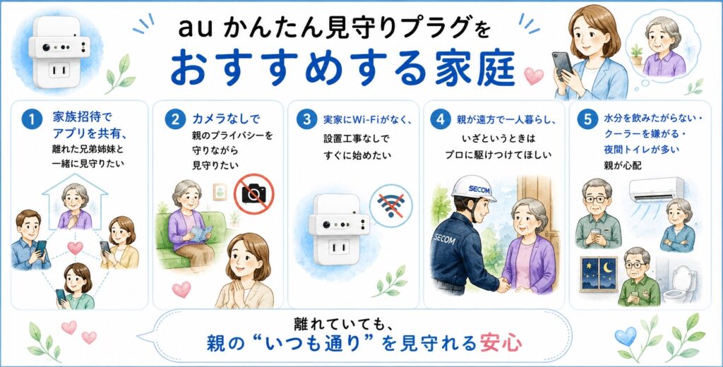 auかんたん見守りプラグをおすすめする家庭を、紹介したインフォグラフィック。プライバシー重視、Wi-Fi不要、セコム駆けつけ対応、家族での見守り、熱中症・ヒートショック対策などをわかりやすくまとめているデザイン。