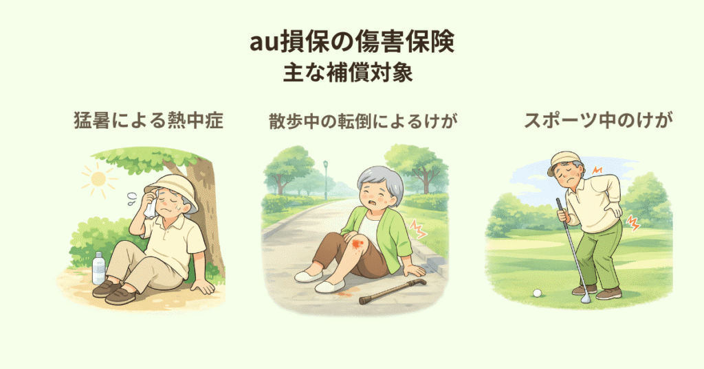 au損保の傷害保険で補償対象となる、猛暑による熱中症や散歩中の転倒、日常的な運動中のけがをイラストで示した図解