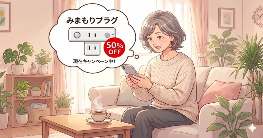 スマートフォンで「みまもりプラグ」の50% OFFキャンペーン情報を確認し、購入を検討する笑顔の女性