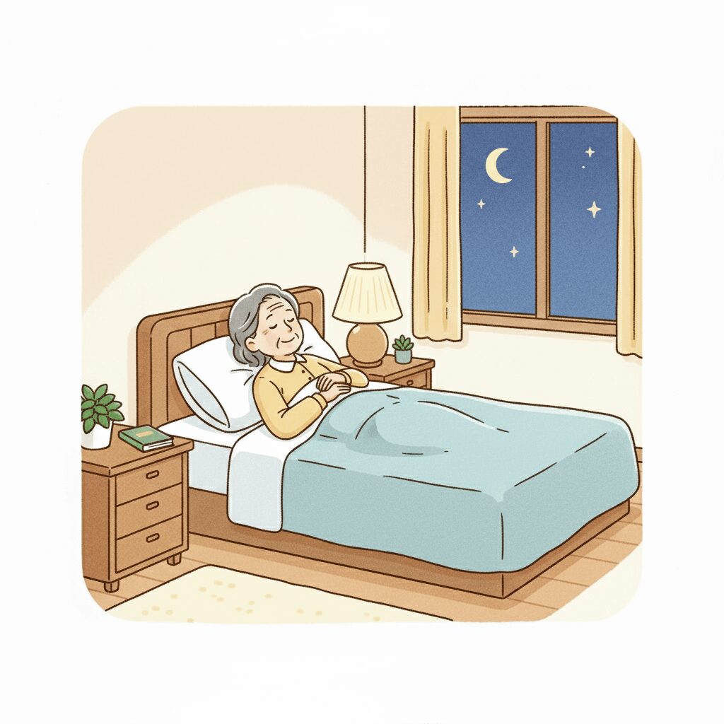 夜の寝室で、高齢の女性が規則正しい生活リズムでゆっくり眠っている様子のイラスト