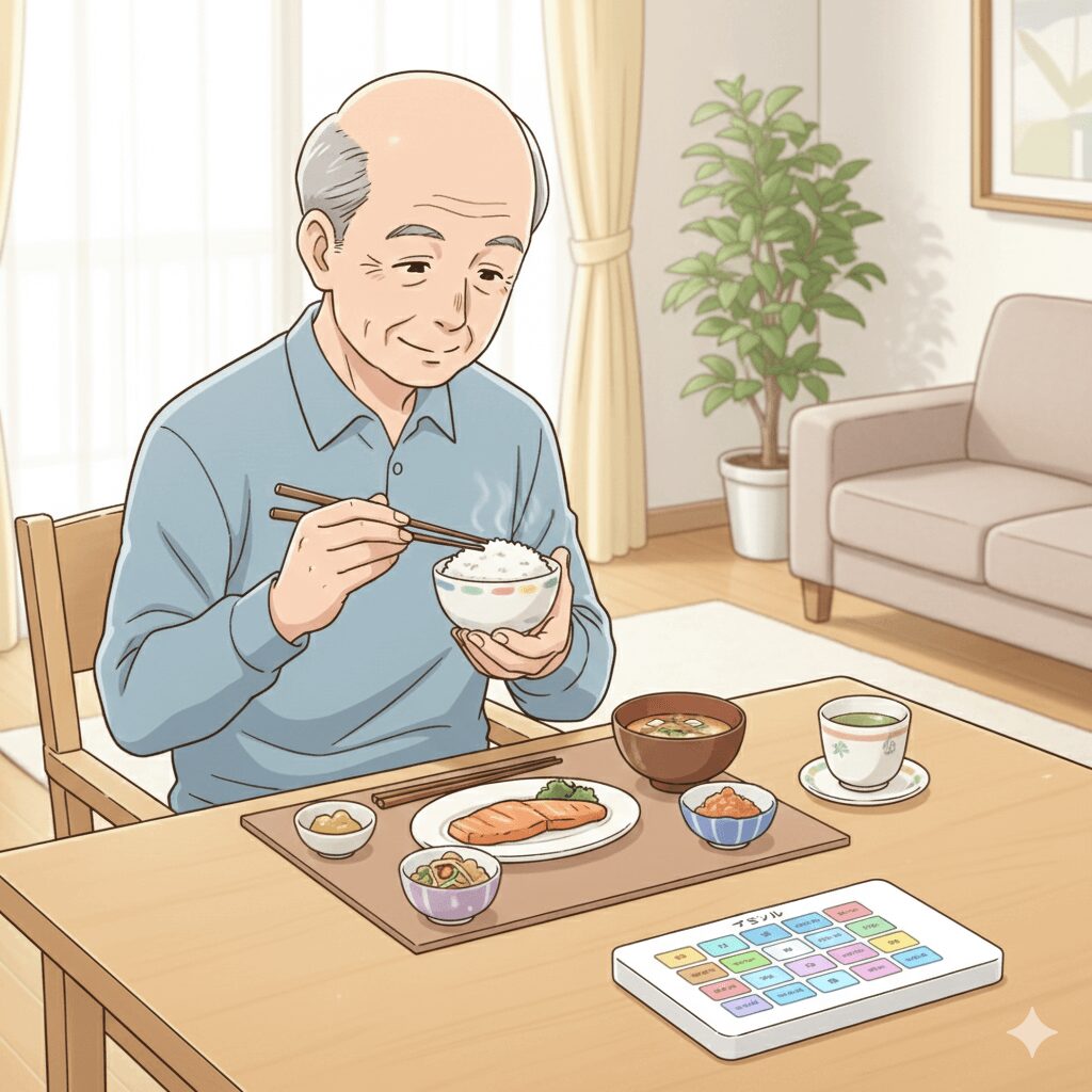 見守りサービス「アイシル」をそばに置き、規則正しく食事をとる高齢男性の様子