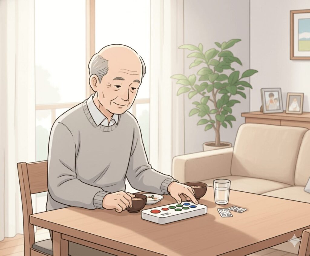 高齢者が自宅で見守りプラスアイシルのボタンを押して生活状況を記録しているイメージ