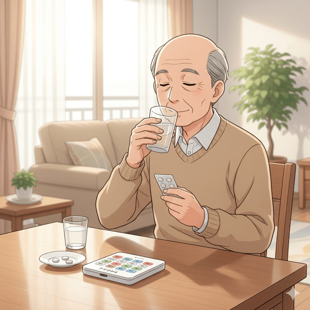 服薬後に水を飲み、アイシルのボタン操作を行う高齢男性の様子