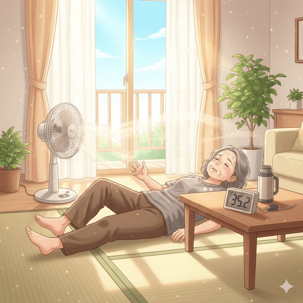 室内温度が高く、熱中症の危険がある状態で倒れている高齢女性のイメージ