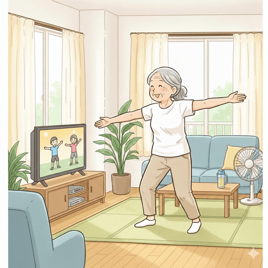 アイシルの声かけをきっかけに、テレビを見ながら体操をしている高齢者の様子