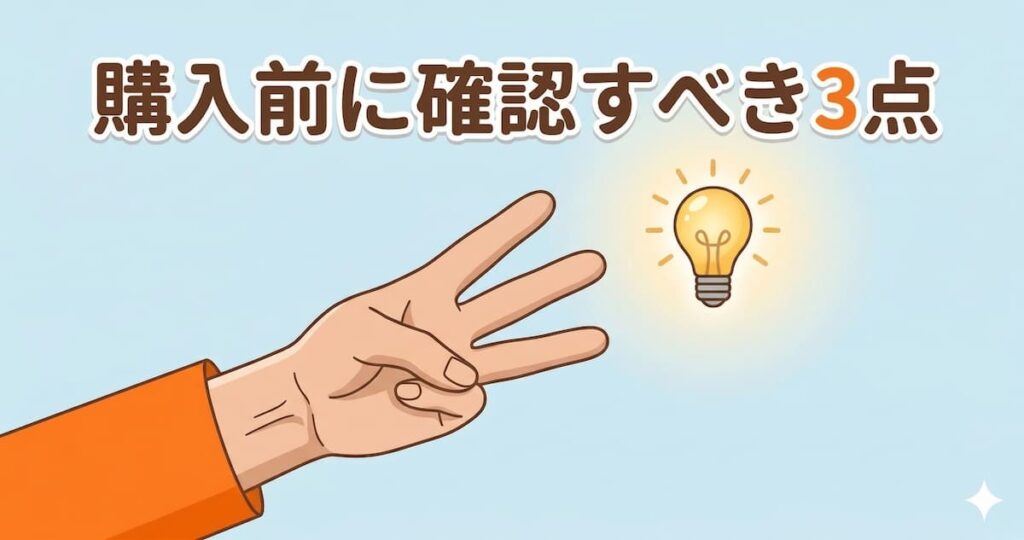 薄い青色の背景に、3本の指を立てた手と光る電球のイラストが描かれた、ブログ記事の見出し画像。「購入前に確認すべき3点」というタイトルがある。