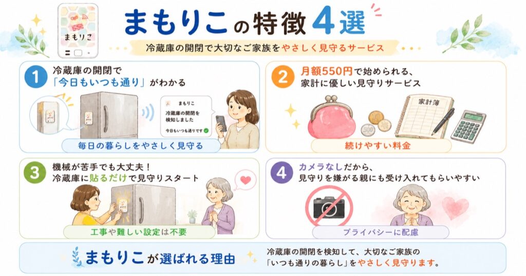 まもりこの特徴4選を解説した図。冷蔵庫の開閉による見守り、月額550円の低料金、簡単設置、カメラ不要によるプライバシー配慮など、まもりこのメリットを紹介したインフォグラフィック