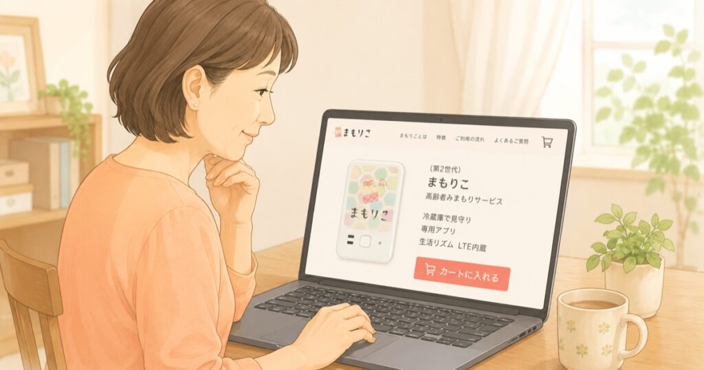 50代女性がパソコンでまもりこを購入しているイメージ。見守りサービス「まもりこ」の申し込み方法や購入手順を紹介する画像。